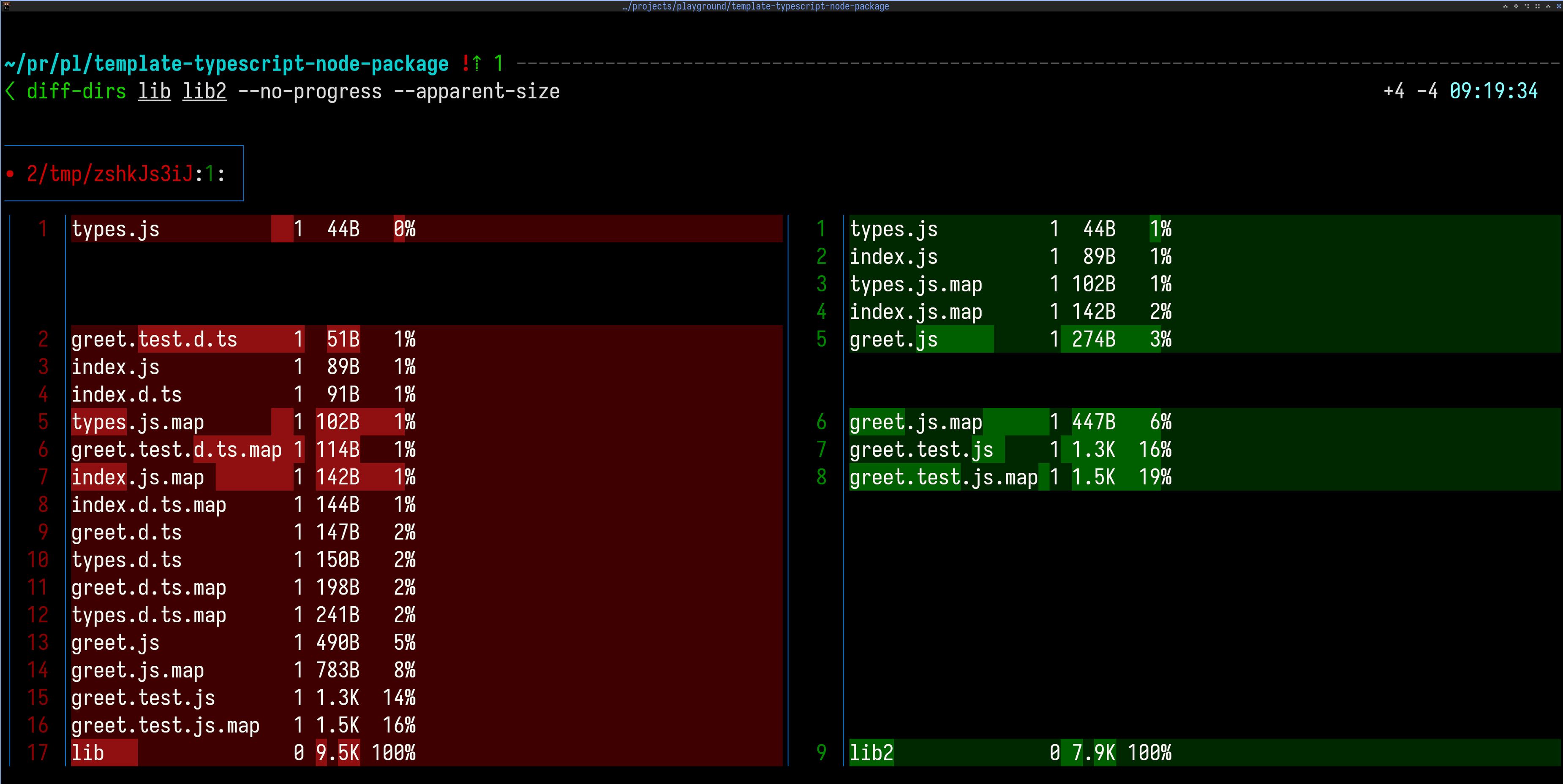 screenshot of diffing directory sizes